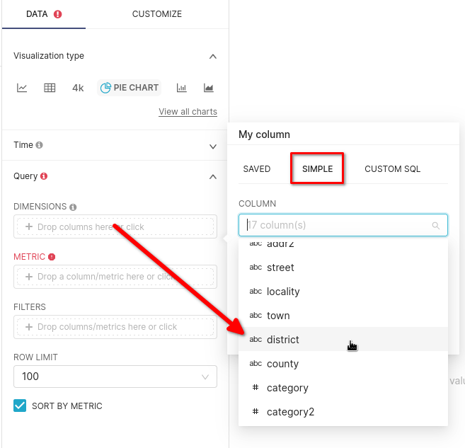 Конфигурация измерения, показывающая выбранное поле района для круговой диаграммы